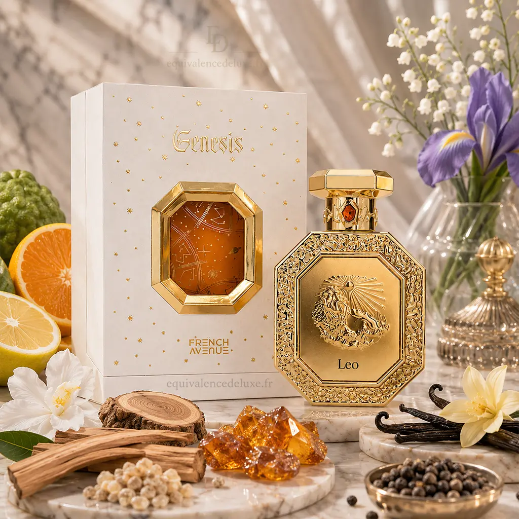 Leo – Parfum Oriental Ambré Prestige | French Avenue 3 Leo Genesis French Avenue 100 ml avec flacon doré et boîte dans un décor d’agrumes, iris, vanille et bois