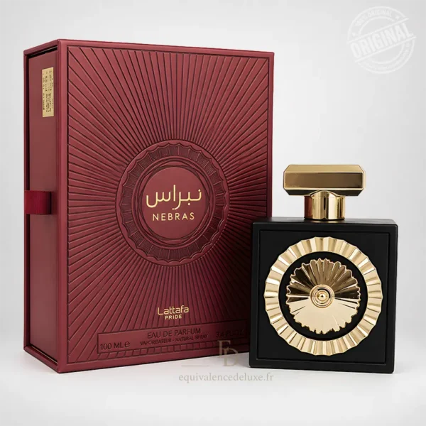 Nebras Lattafa Pride 100 ml avec boîte rouge, fruits rouges, mandarine, cacao et vanille