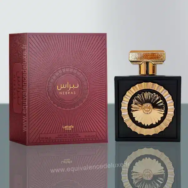 Parfums Pour Homme 57 Flacon Nebras Lattafa Pride noir et or sur fond décoratif – parfum gourmand oriental mixte