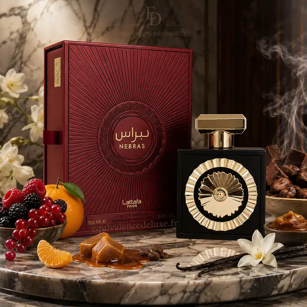 Nebras – Lattafa Pride | Parfum Oriental Gourmand Mixte 3 Nebras Lattafa Pride Eau de Parfum mixte 100 ml avec flacon noir doré et boîte rouge