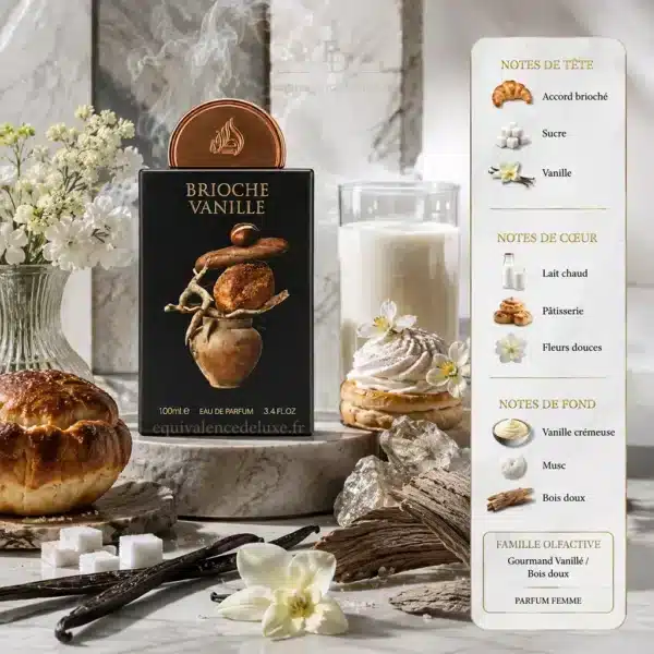 Notes Olfactives Brioche Vanille Lattafa Pride Notes de Brioche Vanille avec accord brioché, sucre, vanille, lait chaud, pâtisserie, musc et bois doux