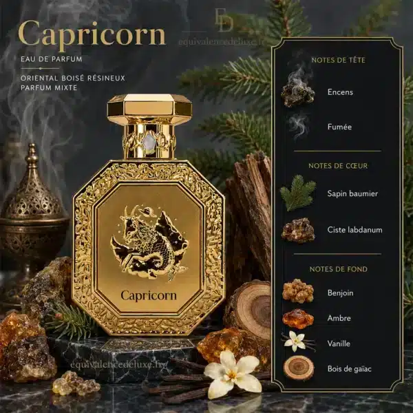 Notes Olfactives Capricorn French Avenue Capricorn Genesis French Avenue Eau de Parfum 100 ml avec boîte dans un décor boisé, fumé et résineux