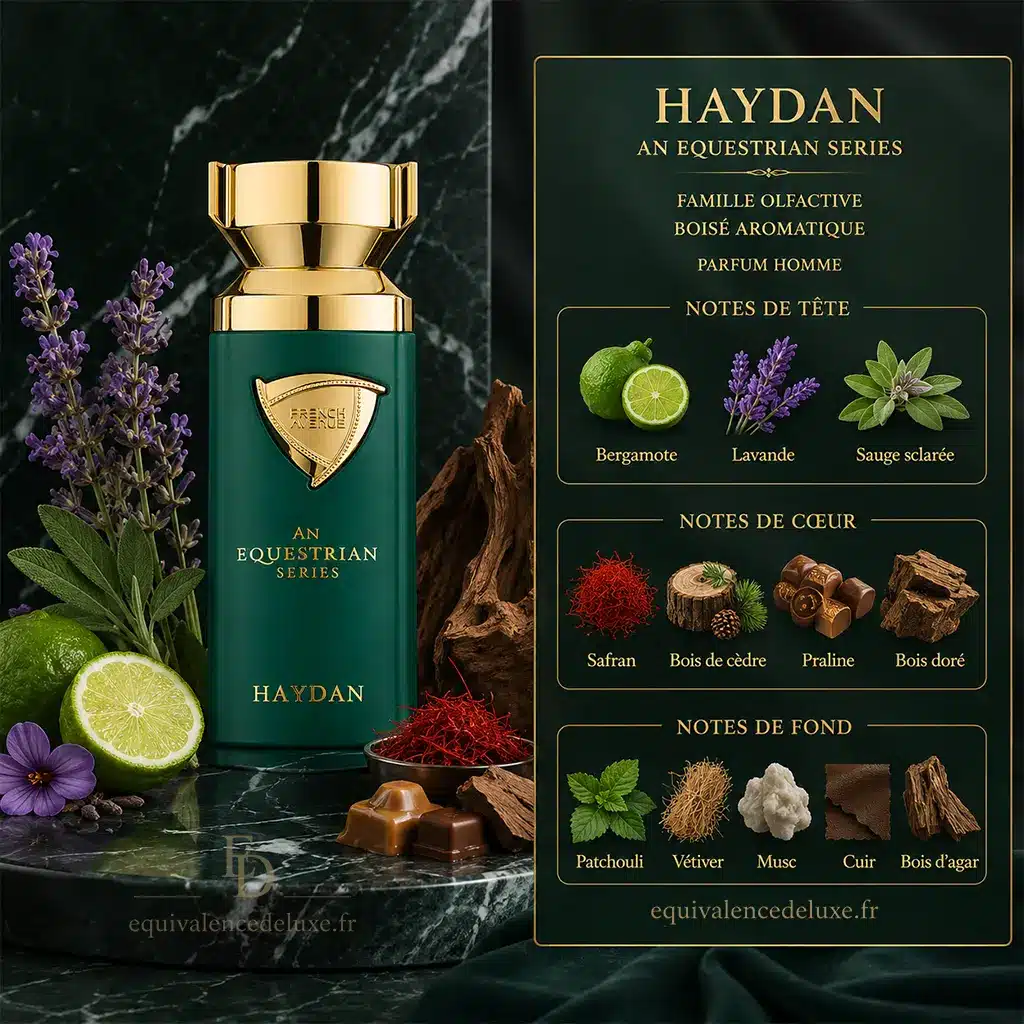 Haydan – Eau de Parfum Homme 100ml | Élégance boisée & aromatique 2 Notes de Haydan French Avenue avec bergamote, lavande, sauge sclarée, safran, praliné, cèdre, cuir, patchouli, vétiver, musc et oud