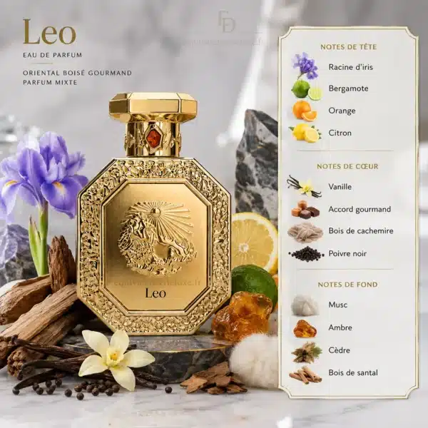 Notes Olfactives Leo French Avenue Notes de Leo French Avenue avec iris, bergamote, orange, citron, vanille, cashmeran, poivre noir, musc, ambre, cèdre et santal