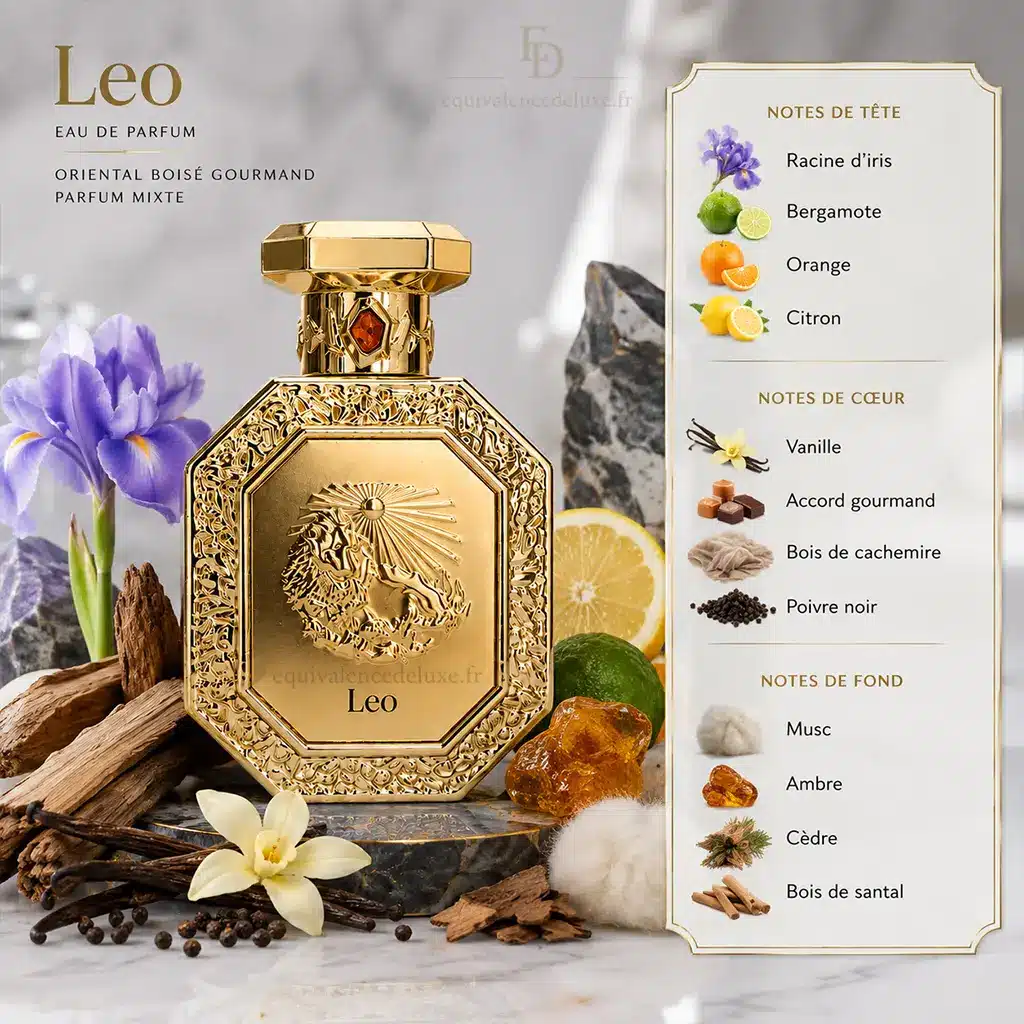 Leo – Parfum Oriental Ambré Prestige | French Avenue 2 Notes de Leo French Avenue avec iris, bergamote, orange, citron, vanille, cashmeran, poivre noir, musc, ambre, cèdre et santal