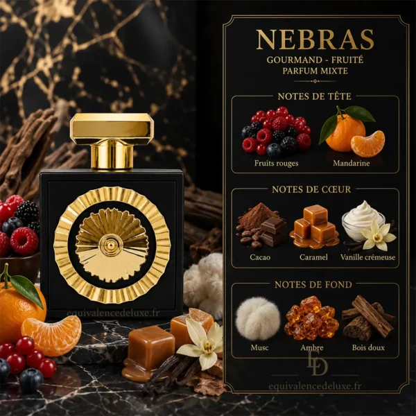 Notes de Nebras Lattafa avec fruits rouges, mandarine, vanille, cacao, rose, fève tonka, ambre, musc et sucre