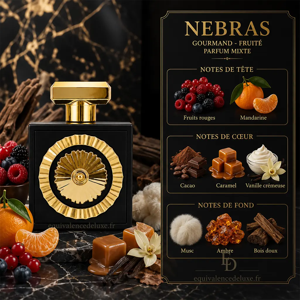Nebras – Lattafa Pride | Parfum Oriental Gourmand Mixte 2 Notes de Nebras Lattafa avec fruits rouges, mandarine, vanille, cacao, rose, fève tonka, ambre, musc et sucre