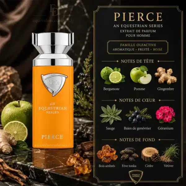 Notes Olfactives Pierce French Avenue Notes olfactives Pierce French Avenue avec bergamote, pomme, gingembre, sauge, genévrier, cèdre et vétiver