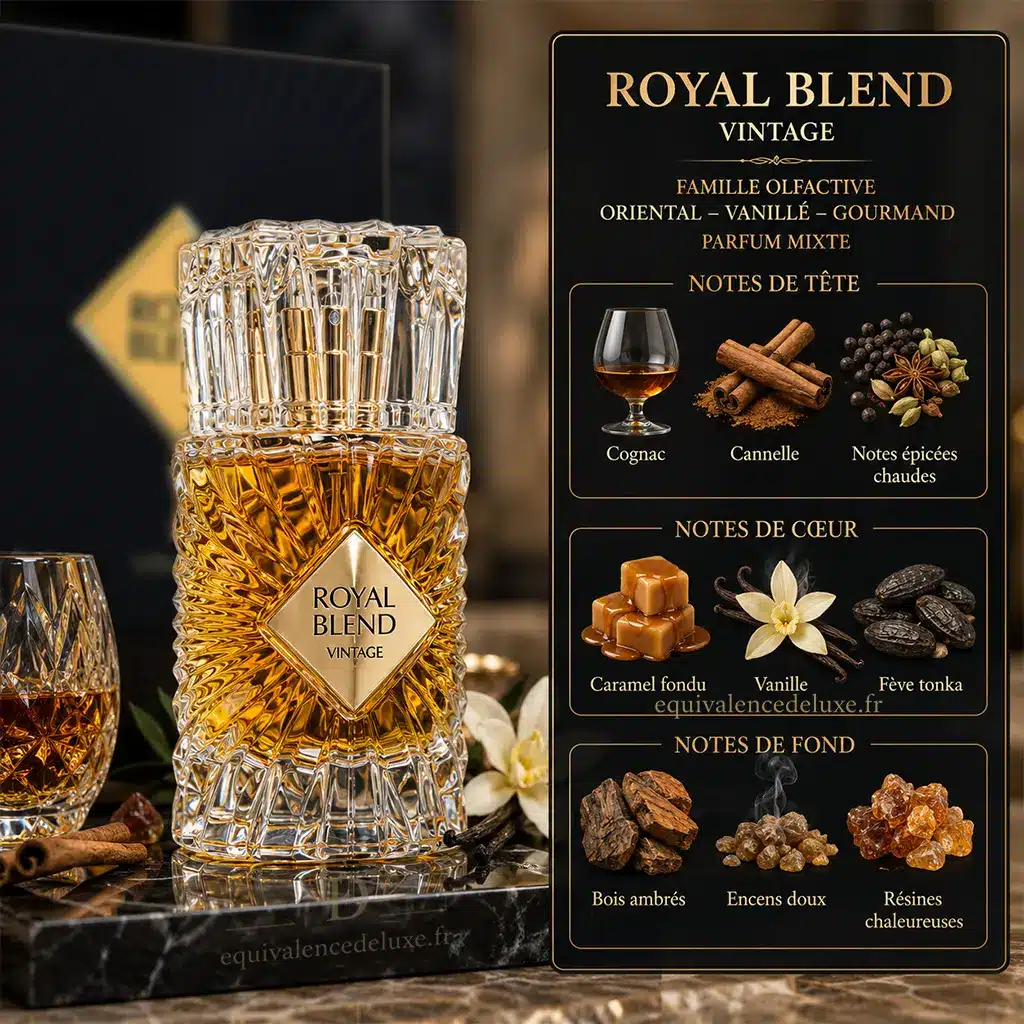 Royal Blend Vintage – Eau de Parfum Mixte 100ml 2 Notes olfactives Royal Blend Vintage avec cognac, cannelle, caramel, vanille, fève tonka, bois ambrés et encens
