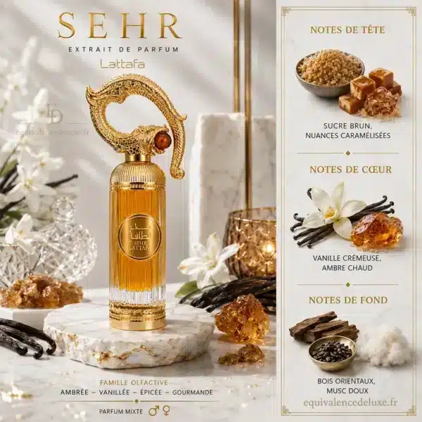 Notes olfactives Sehr Lattafa avec sucre brun, caramel, vanille crémeuse, ambre chaud, bois orientaux et musc doux
