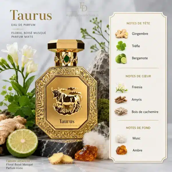 Notes Olfactives Taurus French Avenue Genesis Notes olfactives Taurus French Avenue avec bergamote, trèfle, gingembre, freesia, amyris, bois de cachemire, ambre et musc