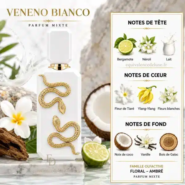 Notes Olfactives Veneno Bianco French Avenue Notes olfactives Veneno Bianco avec bergamote, néroli, lait, fleur de tiaré, ylang-ylang, fleurs blanches, coco, vanille et bois de gaïac