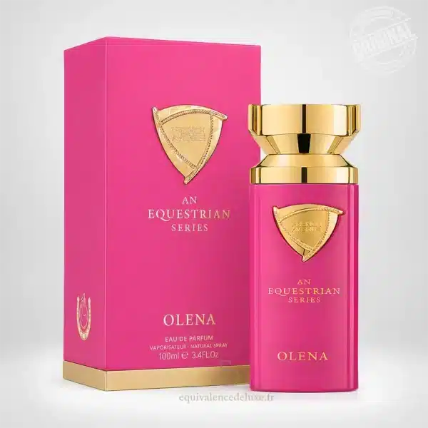 Olena French Avenue 100 ml avec boîte rose et flacon dans un décor fruité et gourmand
