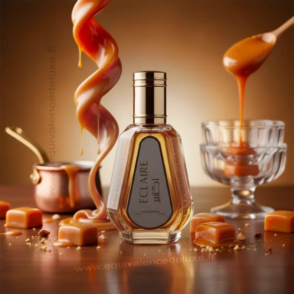 Parfum Eclaire Femme – Notes caramel et vanille Photo artistique du parfum Eclaire femme aux notes sucrées et vanillées