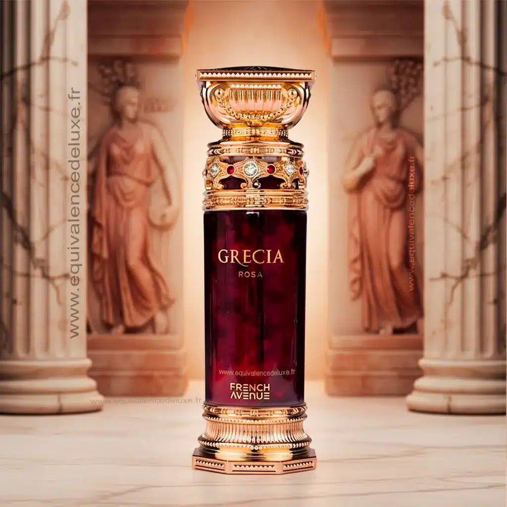 Grecia Rosa – Eau de Parfum Mixte 100ml 2 Parfum Grecia Rosa mis en scène dans un décor doré luxueux
