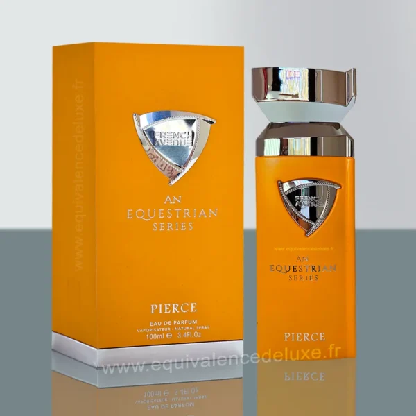 Parfums Pour Homme 51 Flacon de parfum Pierce French Avenue devant une selle et un étrier – fragrance homme inspirée du monde équestre