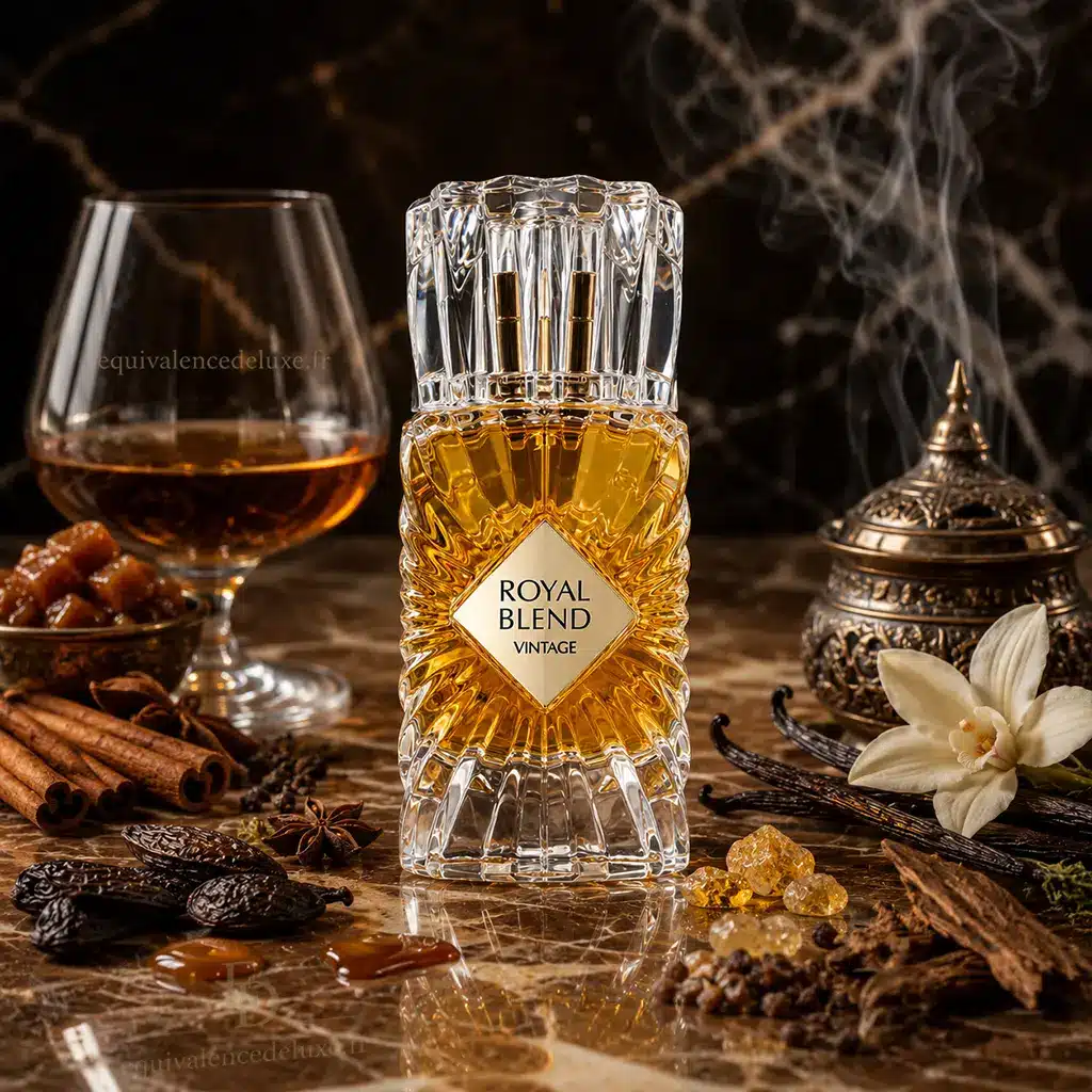 Royal Blend Vintage – Eau de Parfum Mixte 100ml 3 Flacon Royal Blend Vintage French Avenue entouré de cognac, cannelle, vanille, tonka et résines