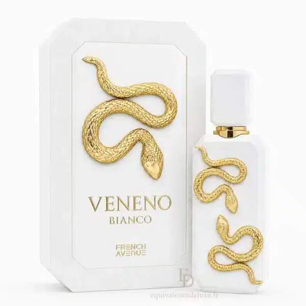 Veneno Bianco French Avenue 100 ml avec flacon blanc doré et coffret décoré de serpents