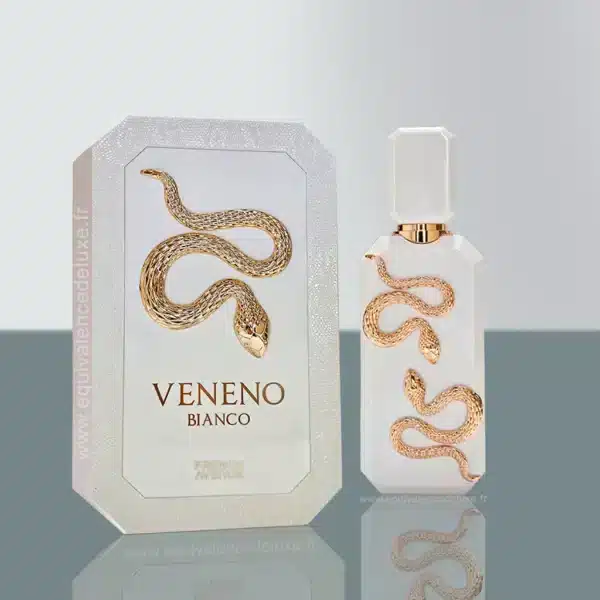 Parfums Pour Homme 56 Parfum Veneno Bianco mis en scène avec feuilles dorées et tissus satinés – parfum floral luxueux