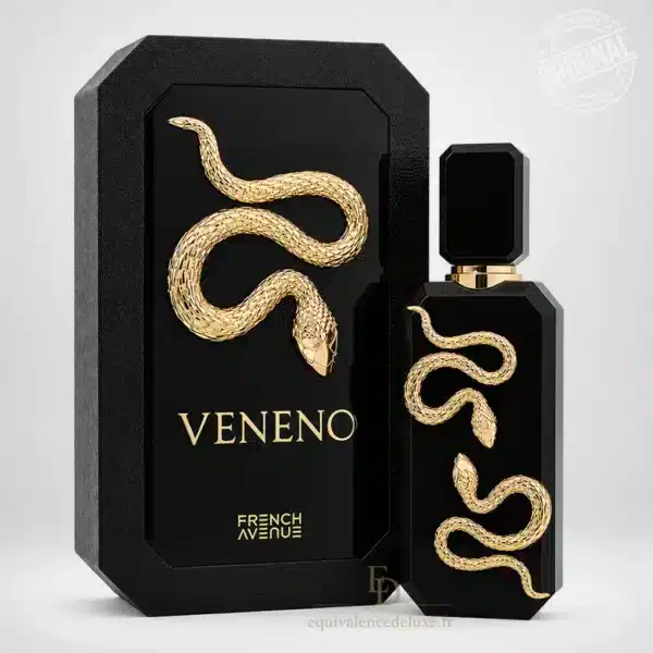 Parfums Dubaï, Collection Privée & Parfums Inspirés au Meilleur Prix 27 Flacon Veneno Noir French Avenue 100 ml noir et doré dans un décor sombre élégant