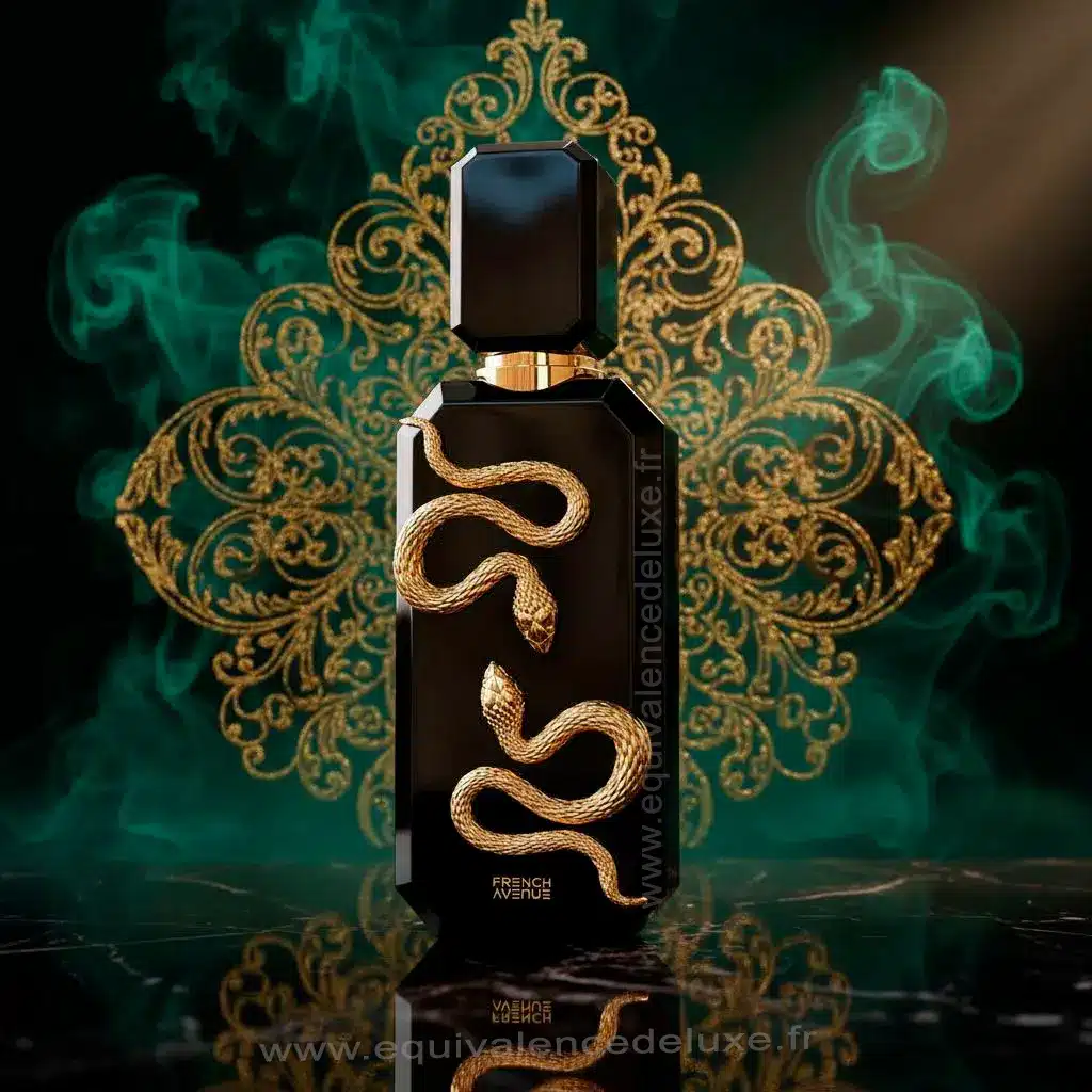 Veneno Noir – French Avenue | Parfum Oriental Ambré Intense Mixte 2 Parfum Veneno Noir entouré d’un serpent noir – fragrance ambrée épicée intense
