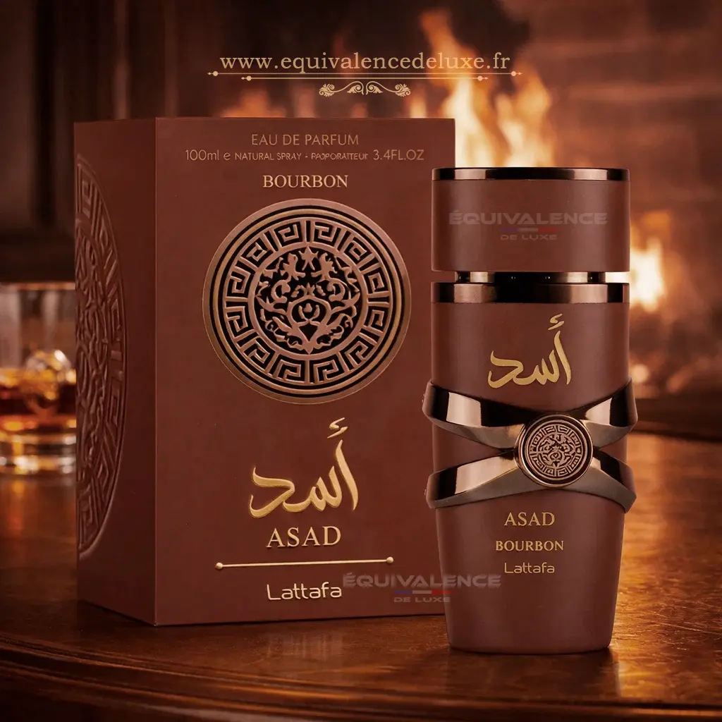 Asad Bourbon – Lattafa | Parfum Oriental Vanillé Intense 3 Asad Bourbon Lattafa eau de parfum orientale avec notes chaudes dans une ambiance feu et bois