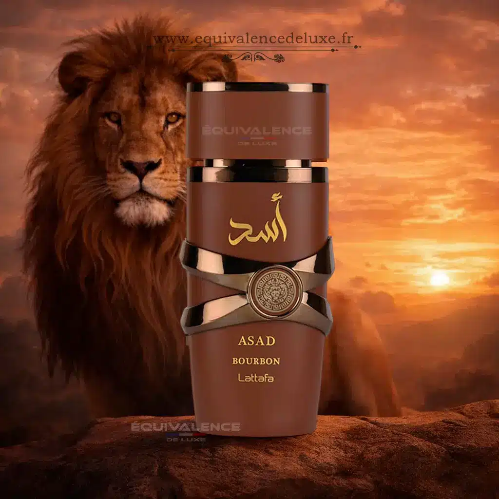 Asad Bourbon – Lattafa | Parfum Oriental Vanillé Intense 2 Flacon Asad Bourbon Lattafa parfum oriental puissant avec décor lion et coucher de soleil