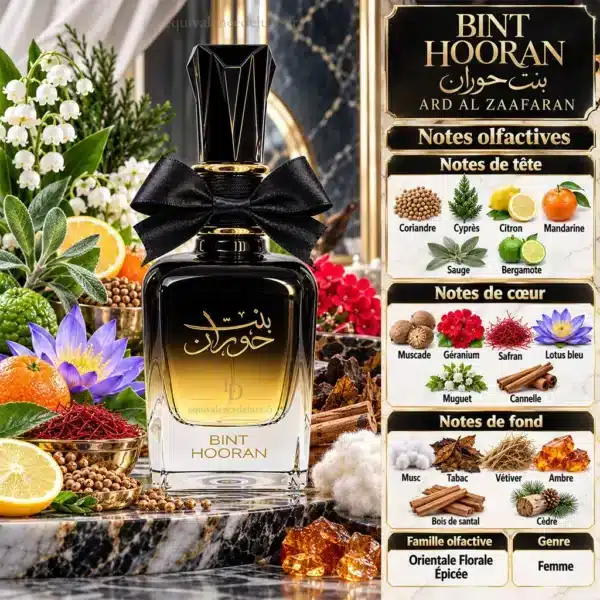 Pyramide olfactive Bint Hooran avec coriandre, agrumes, safran, fleurs, musc, tabac, ambre et bois