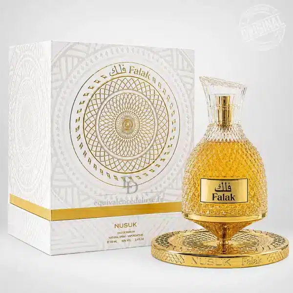 Flacon Falak Nusuk Eau de Parfum mixte 100 ml doré dans un décor blanc élégant