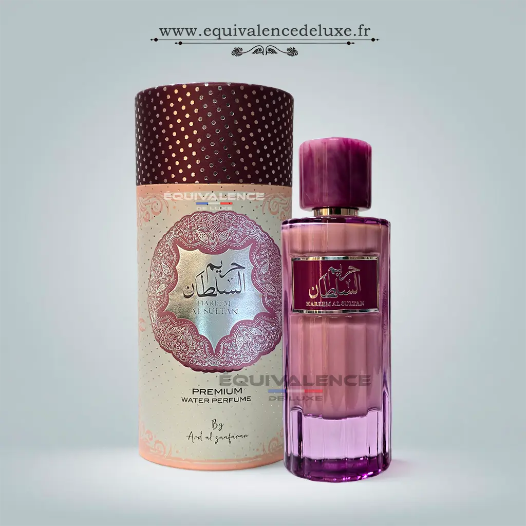 Eau de Milky – Harim Sultan | Parfum Lacté Gourmand Mixte 1 Parfum Hareem Al Sultan pour femme avec flacon violet et coffret cylindrique, eau de parfum oriental élégante