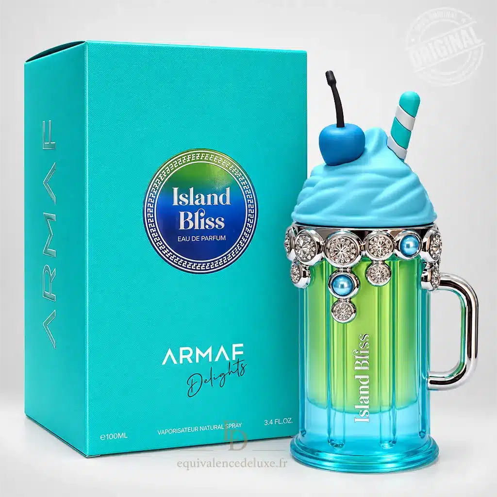 Island Bliss – Armaf Delights – Eau de Parfum Femme 100 ml 1 Flacon Island Bliss Armaf Delights 100 ml en forme de cocktail turquoise et vert avec coffret assorti