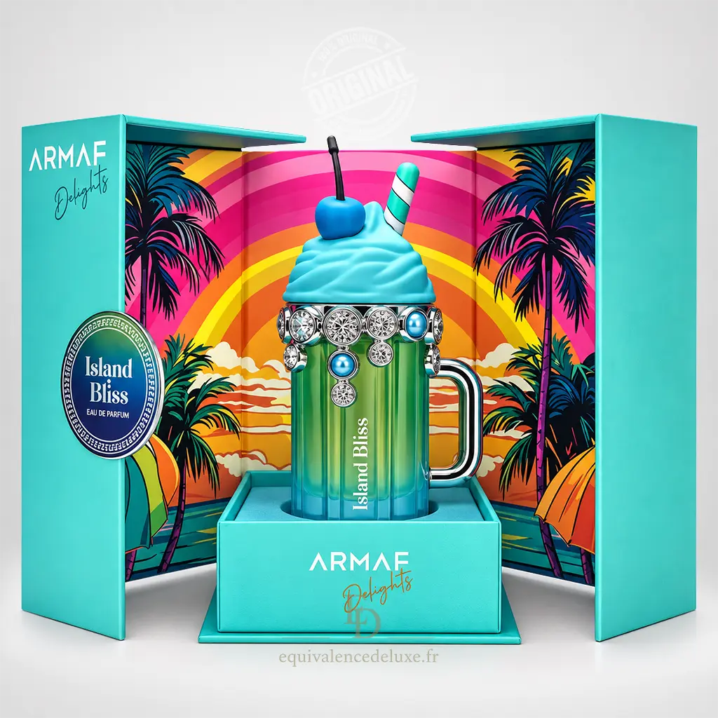 Island Bliss – Armaf Delights – Eau de Parfum Femme 100 ml 3 Coffret Island Bliss Armaf ouvert avec décor de palmiers colorés et flacon original en forme de cocktail