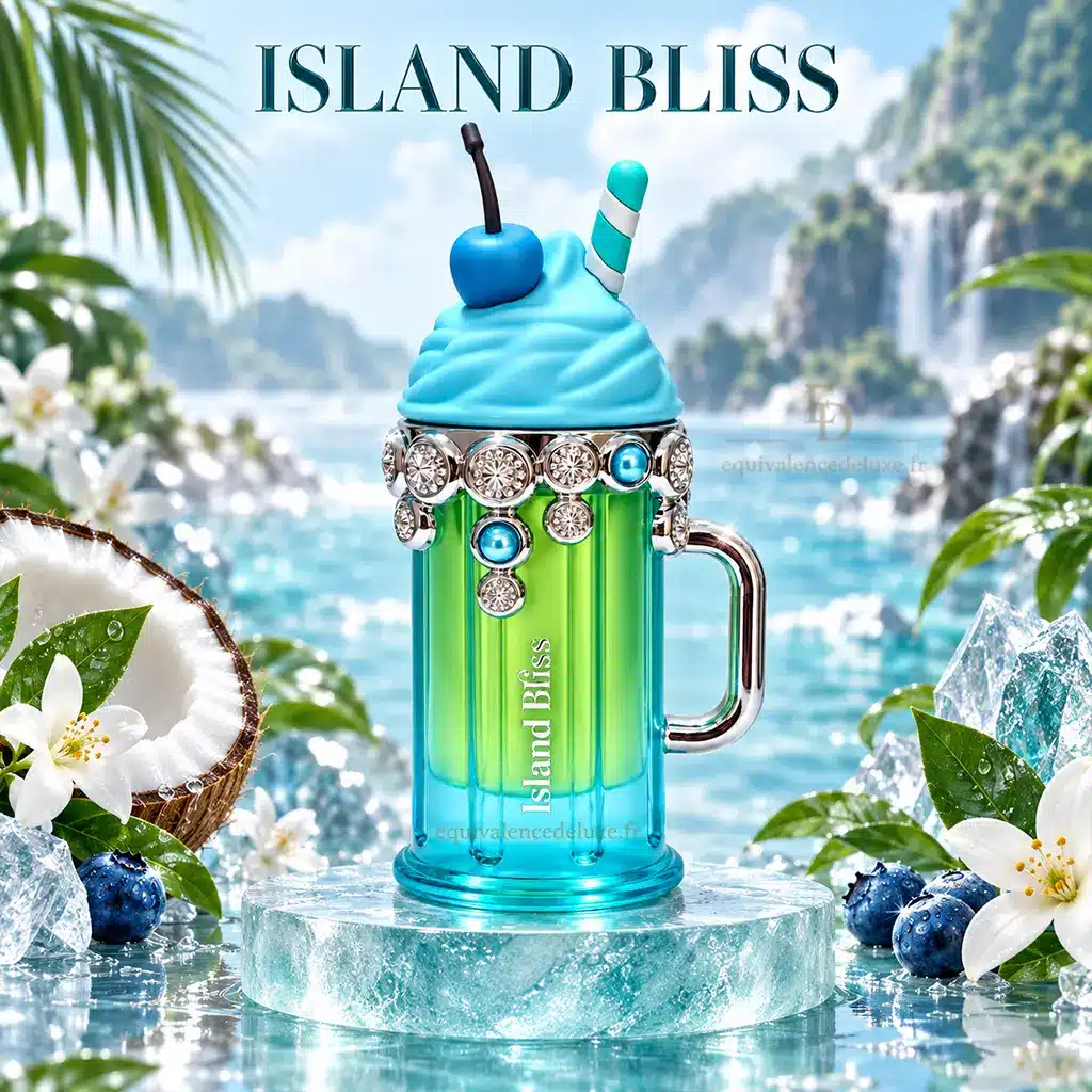 Island Bliss – Armaf Delights – Eau de Parfum Femme 100 ml 4 Flacon Island Bliss Armaf sur socle transparent dans un décor de plage tropicale avec noix de coco, baies et fleurs blanches