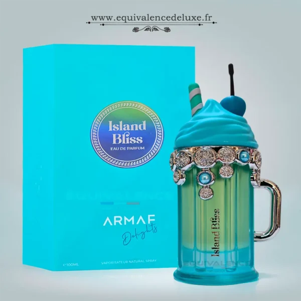 Parfum Femme 28 Parfum Island Bliss Armaf avec boîte sur une plage tropicale – eau de parfum fraîche et exotique