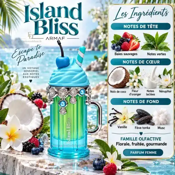 Island Bliss Armaf – Pyramide Olfactive Notes olfactives Island Bliss Armaf : baies sauvages, notes vertes, noix de coco, fleur d'oranger, notes lactées, nénuphar, vanille, fève tonka et musc