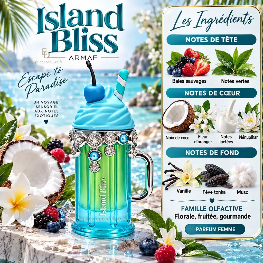 Island Bliss – Armaf Delights – Eau de Parfum Femme 100 ml 2 Notes olfactives Island Bliss Armaf : baies sauvages, notes vertes, noix de coco, fleur d'oranger, notes lactées, nénuphar, vanille, fève tonka et musc