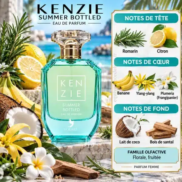 Kenzie Summer Bottled – Notes Olfactives Notes olfactives Kenzie Summer Bottled Volaré avec romarin, citron, banane, ylang-ylang, frangipanier, lait de coco et bois de santal