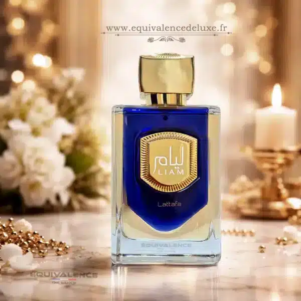 Liam Blue Shine – Parfum frais et raffiné Flacon luxe Flacon du parfum Liam Blue Shine Lattafa dans une ambiance lumineuse élégante, eau de parfum fraîche et raffinée