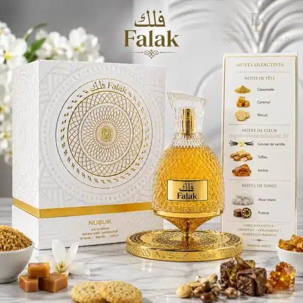 Notes olfactives Falak Nusuk avec cassonade, caramel, biscuit, vanille, toffee, ambre, musc blanc et praliné