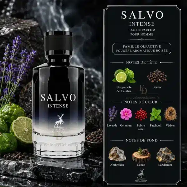 Notes Olfactives Salvo Intense Maison Alhambra Notes olfactives Salvo Intense avec bergamote, lavande, poivre du Sichuan, anis étoilé, muscade, ambroxan et vanille