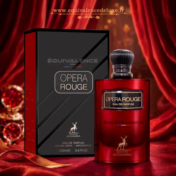 Opera Rouge eau de parfum présenté avec son coffret dans une ambiance rouge luxueuse, parfum oriental intense