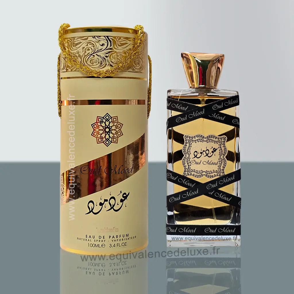 Oud Mood – Lattafa | Parfum Oriental Oud Intense 1 Parfum Oud Mood eau de parfum orientale aux notes boisées et ambrées, flacon de luxe avec étui doré, parfum intense mixte