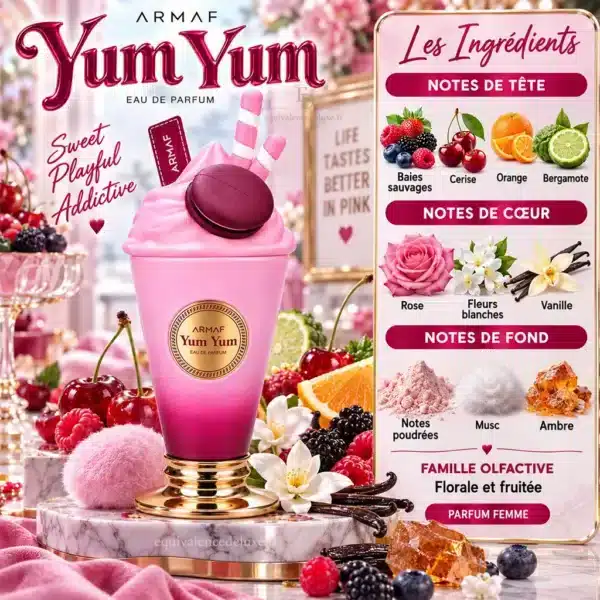Yum Yum Armaf – Notes Olfactives Notes du parfum Yum Yum Armaf : baies sauvages, cerise, orange, bergamote, rose, fleurs blanches, vanille, musc et ambre