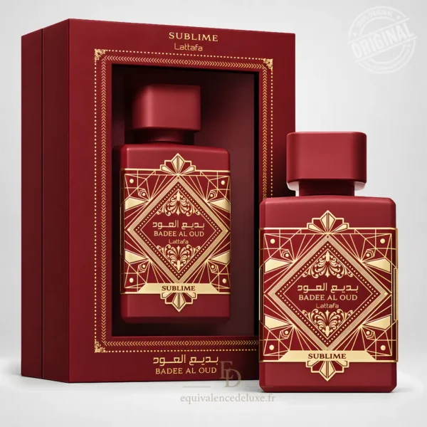 Flacon rouge et or Badee Al Oud Sublime Lattafa avec coffret assorti et motifs géométriques dorés