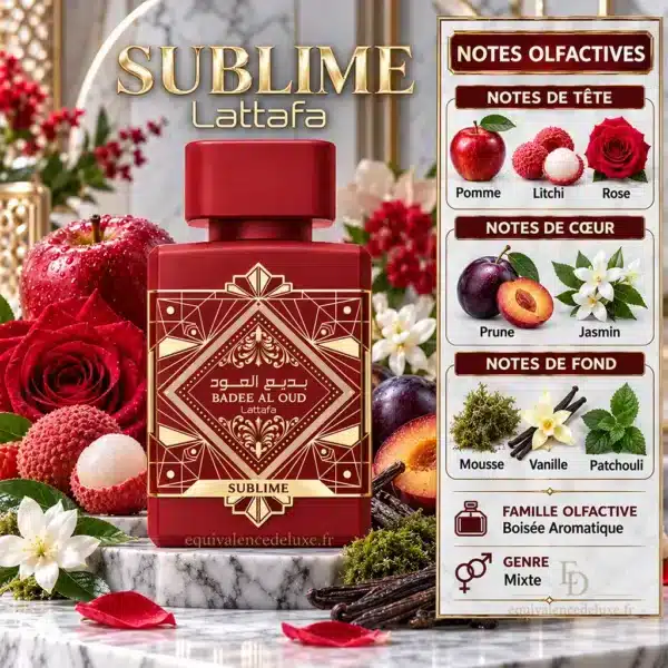 Badee Al Oud Sublime – Notes Olfactives Pyramide olfactive Badee Al Oud Sublime Lattafa avec pomme, litchi, rose, prune, jasmin, mousse, vanille et patchouli