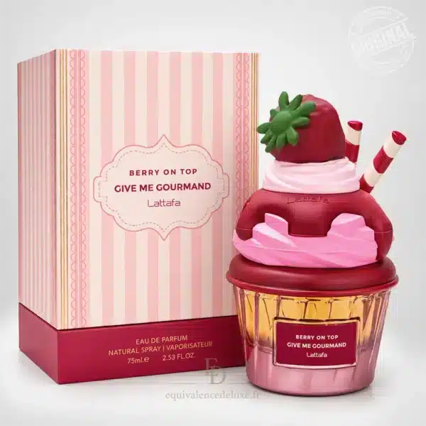 Berry On Top Lattafa Eau de Parfum 75 ml avec flacon cupcake rose et rouge et boîte rayée rose