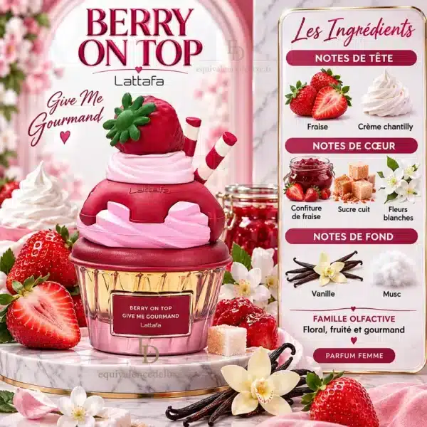 Pyramide olfactive Berry On Top avec fraise, crème chantilly, confiture de fraise, sucre cuit, fleurs blanches, vanille et musc