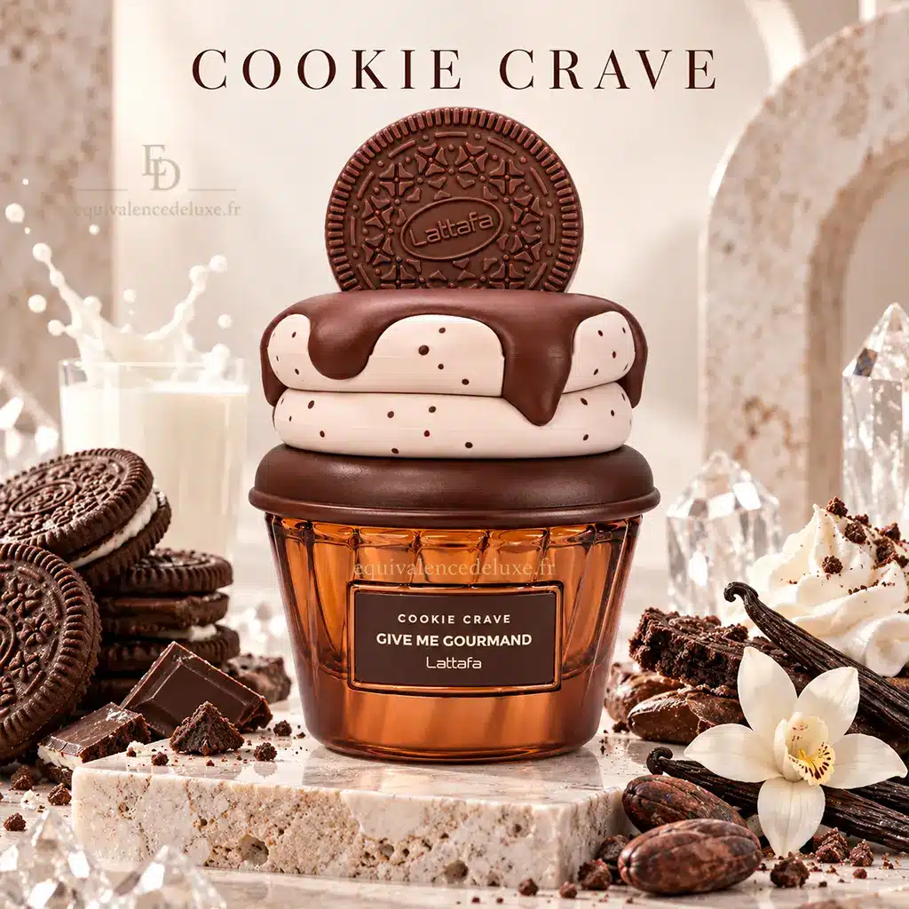 Cookie Crave – Lattafa | Give Me Gourmand – Eau de Parfum 75 ml 3 Flacon Cookie Crave Lattafa dans un décor gourmand avec biscuits au chocolat, lait, vanille et crème chantilly
