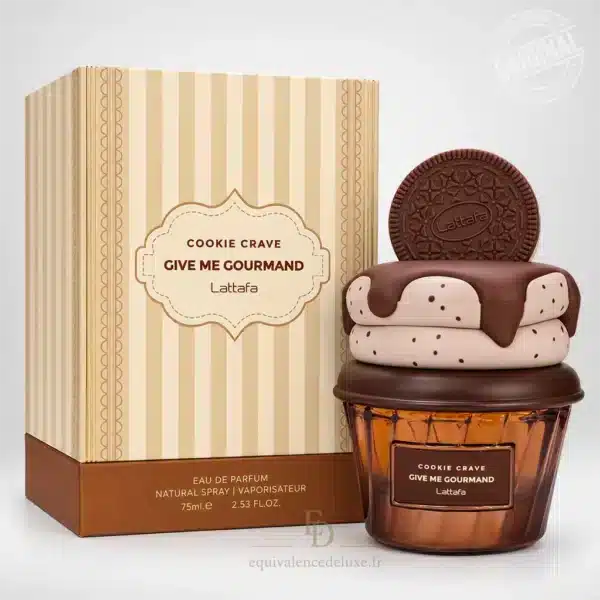 Flacon Cookie Crave Lattafa en forme de dessert chocolaté avec bouchon biscuit et boîte beige
