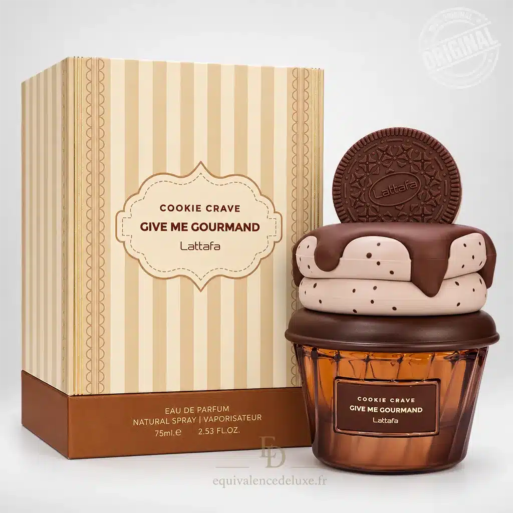 Cookie Crave – Lattafa | Give Me Gourmand – Eau de Parfum 75 ml 1 Flacon Cookie Crave Lattafa en forme de dessert chocolaté avec bouchon biscuit et boîte beige